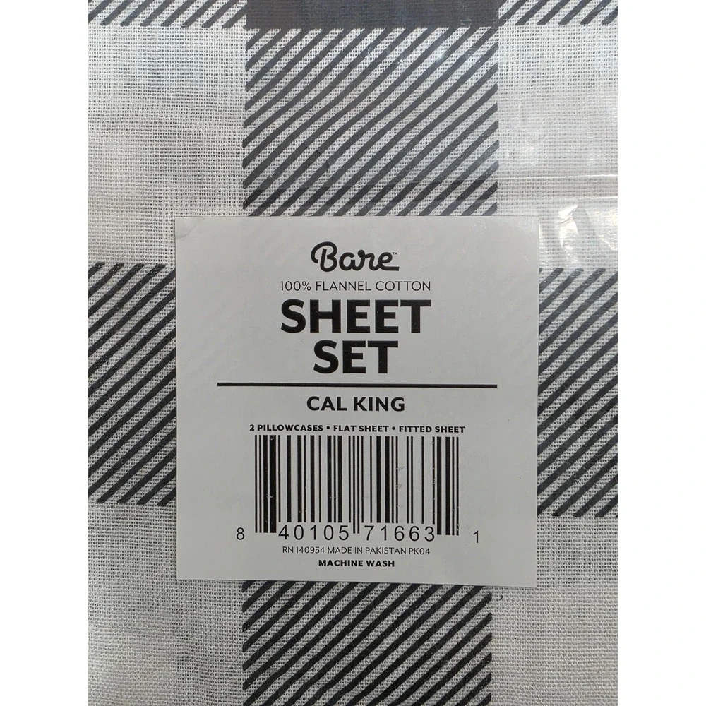 Bare Home Cal King Flannel Sheet Set Black White Buffalo Plaid 100% Cotton 4pc